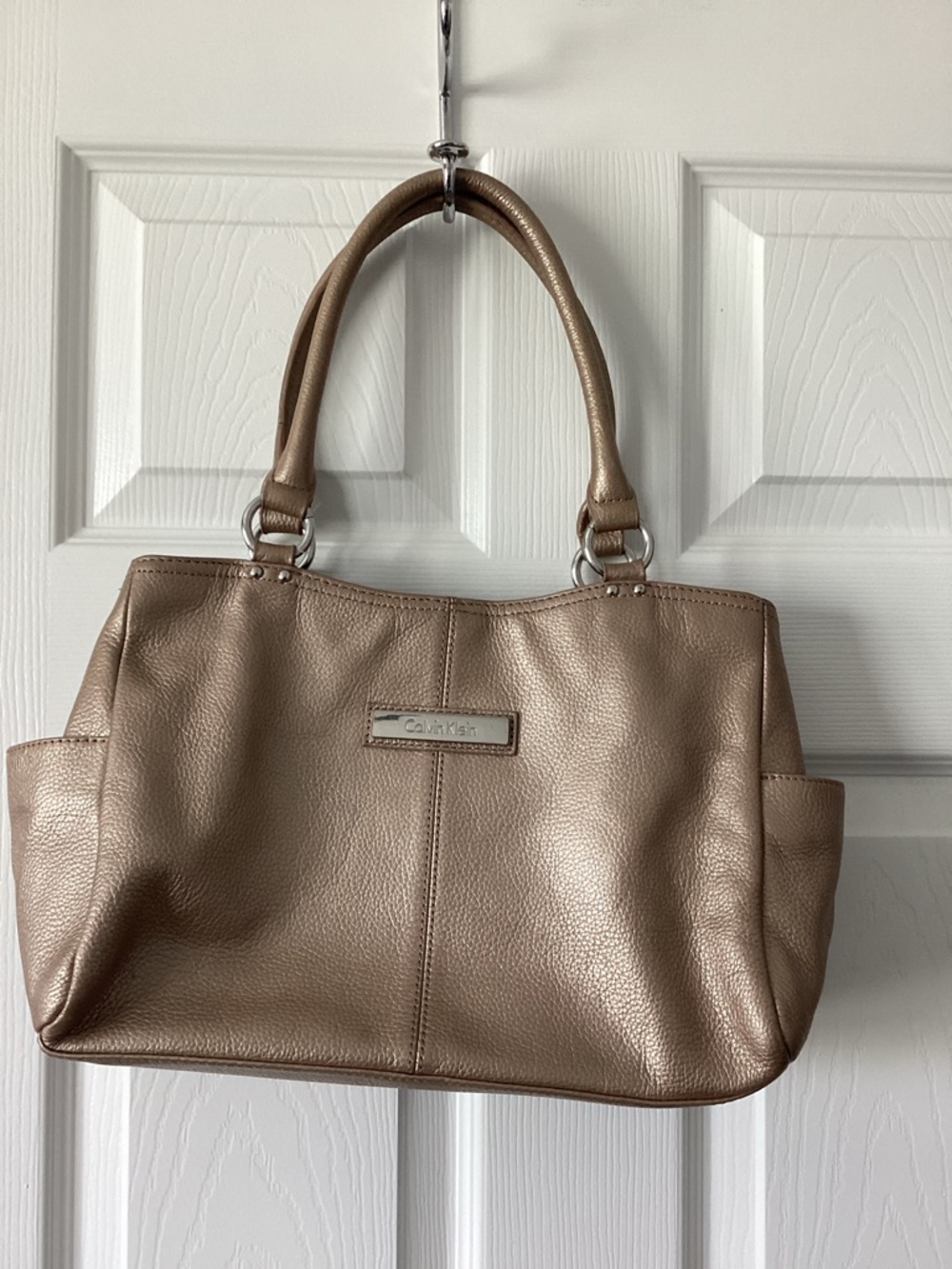 Calvin Klein Metallic Gold Bronze Pebbled Leather Shoulder Bag